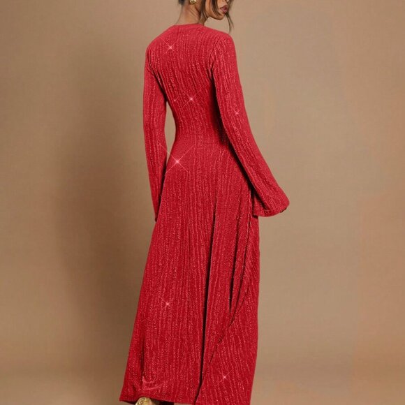 Red Party Women's Stand Collar Long Sleeve Sparkling Luxury Long Dress - Picture 2 of 5